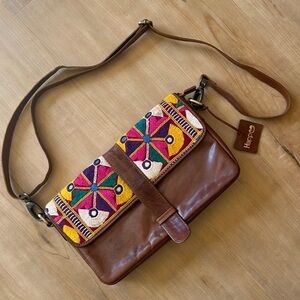 Happee Brown Embroidered Leather Crossbody Bag